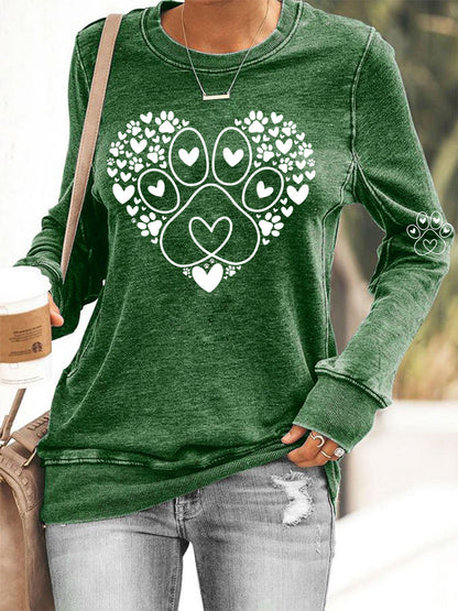 Damska paw heart print miłośnicy psów walentynkowa casualowa bluza