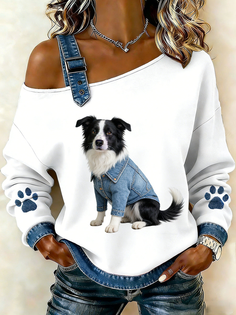 Damski uroczy nadruk zwierzęcy jeansowy patchwork wygodny top