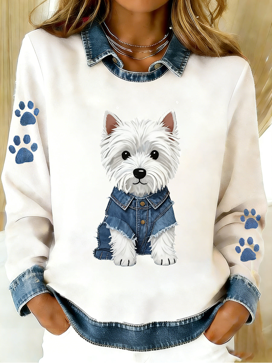 Damski Vintage Denim Patchwork Top z nadrukiem w stylu zwierzęcym, swobodny i wygodny