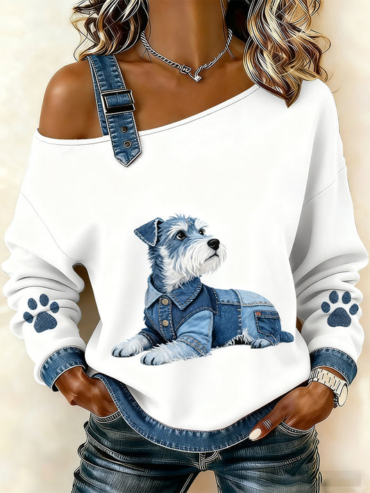 Damski uroczy nadruk zwierzęcy jeansowy patchwork wygodny top