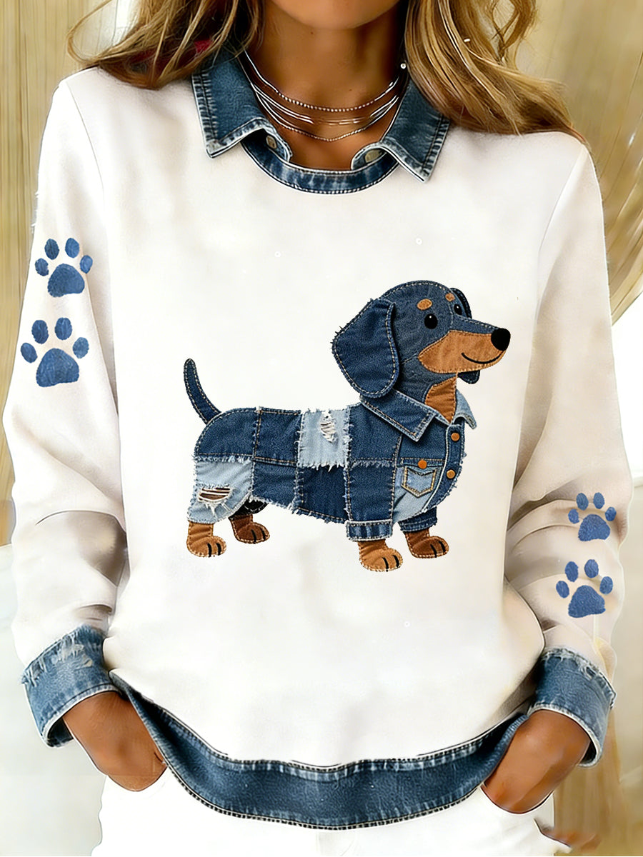 Damski Vintage Denim Patchwork Top z nadrukiem w stylu zwierzęcym, swobodny i wygodny