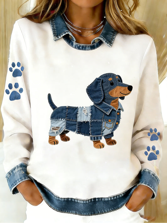 Damski Vintage Denim Patchwork Top z nadrukiem w stylu zwierzęcym, swobodny i wygodny
