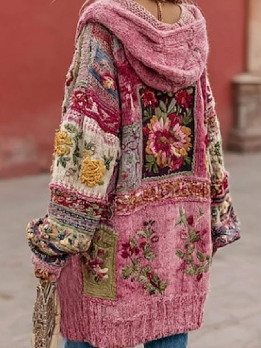 Damski sweter z kapturem i kapturem Świadomość na guziki w kwiaty