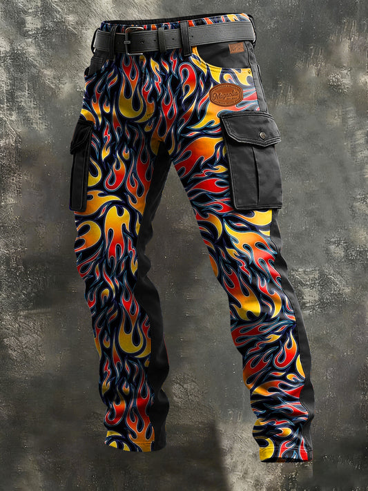 Męskie spodnie robocze w stylu biznesowym z nadrukiem płomiennym Retro Art na co dzień