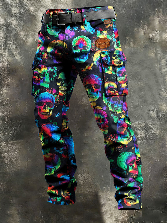 Męskie spodnie robocze w stylu vintage z nadrukiem czaszki Retro Art Casual Workwear