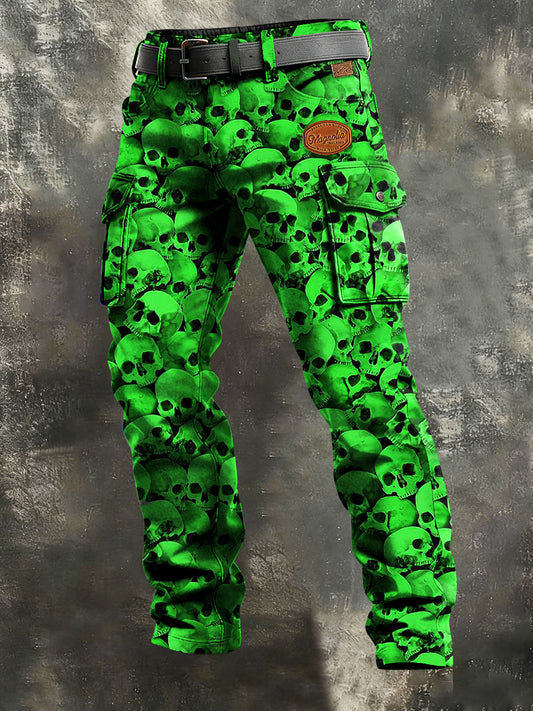 Męskie spodnie robocze w stylu vintage z nadrukiem czaszki Retro Art Casual Workwear