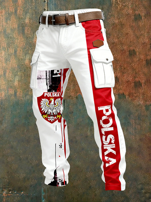 Męskie polskie spodnie robocze w stylu retro z nadrukiem artystycznym