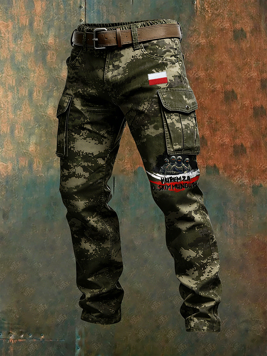 Męskie polskie spodnie robocze w stylu retro z nadrukiem artystycznym