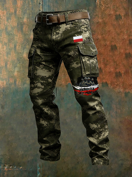 Męskie polskie spodnie robocze w stylu retro z nadrukiem artystycznym