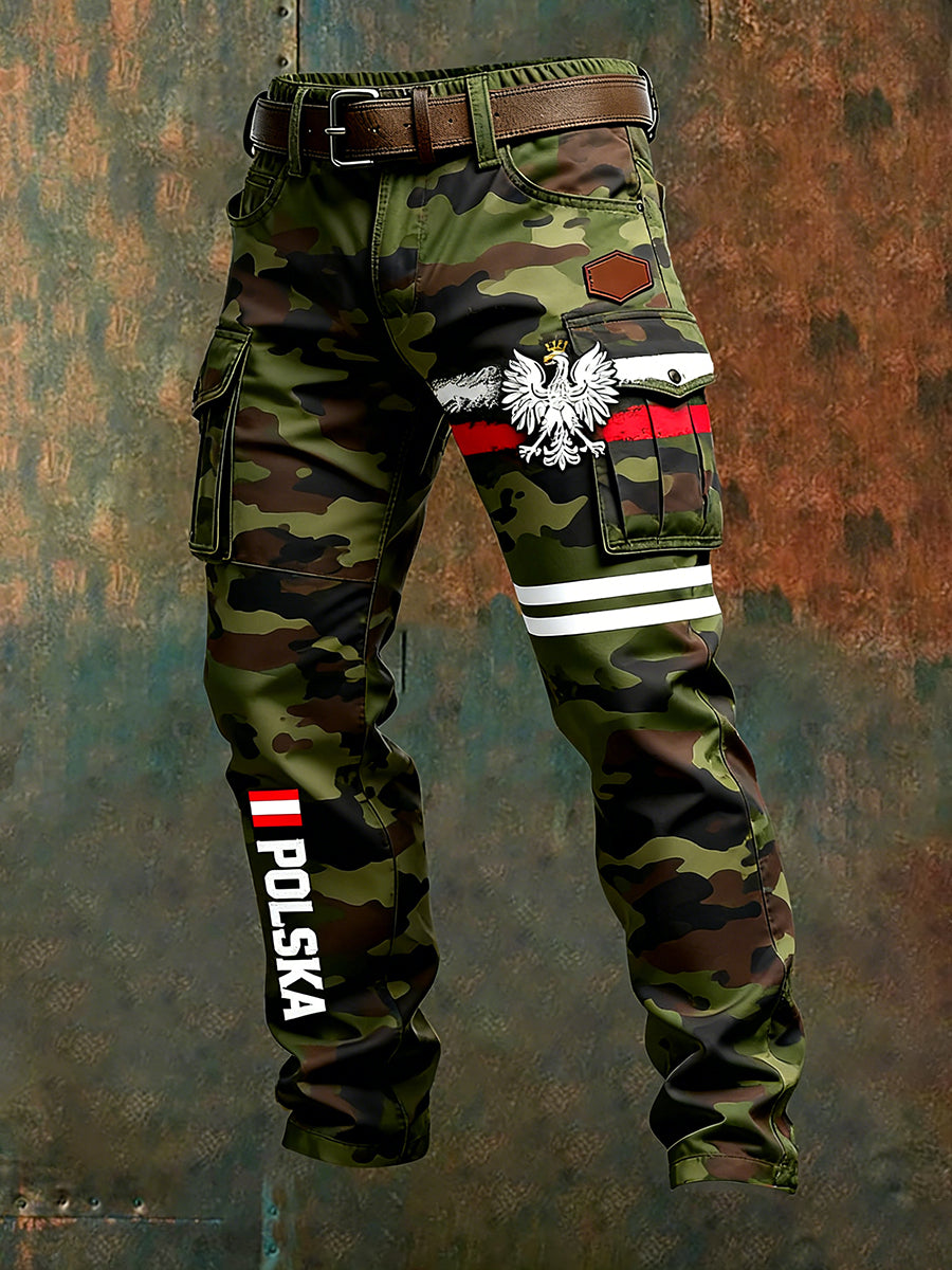 Męskie polskie spodnie robocze w stylu retro z nadrukiem artystycznym