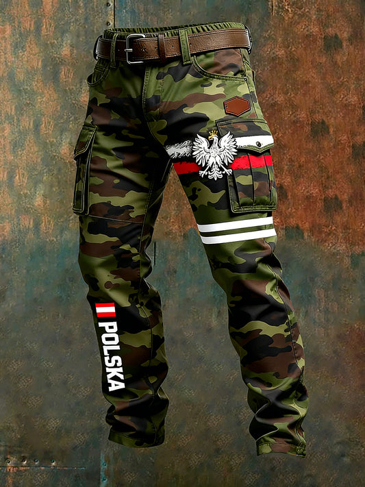 Męskie polskie spodnie robocze w stylu retro z nadrukiem artystycznym