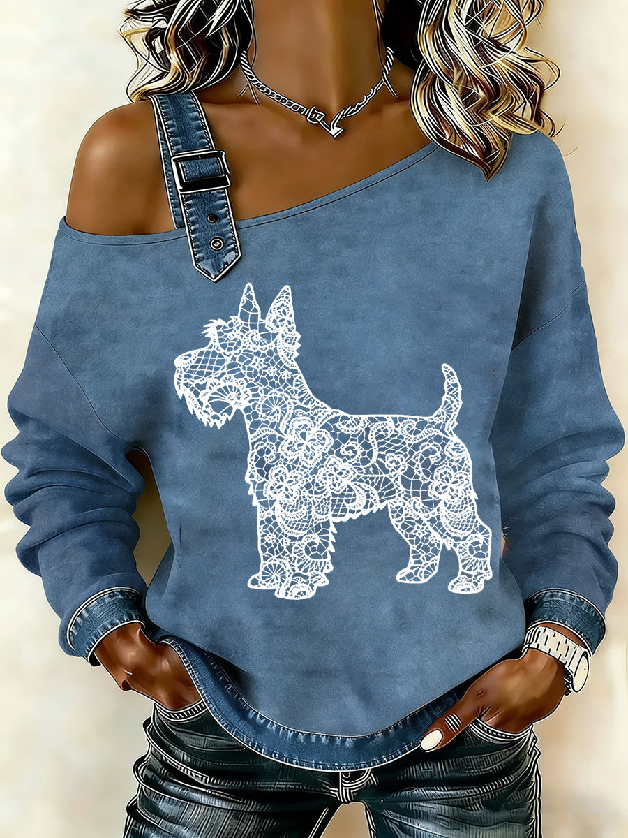 Damska koronka w stylu vintage z nadrukiem psa casualowa bluza z rękawem