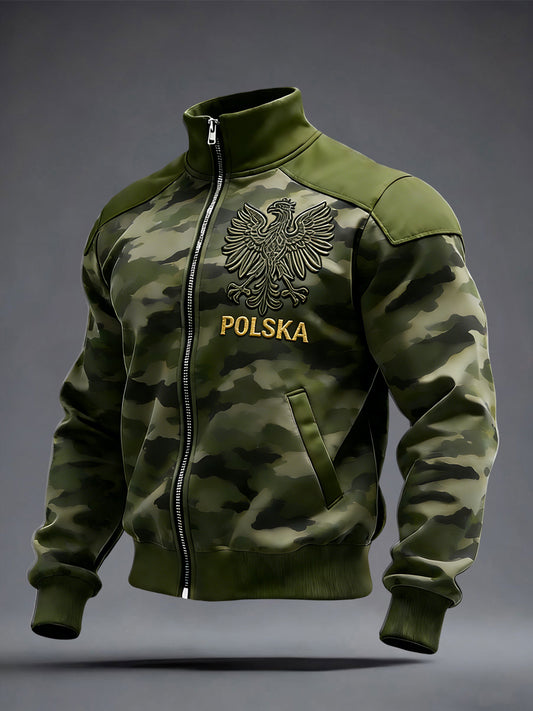 Patchworkowa kurtka z zamkiem błyskawicznym retro moro z flagą polskiego orła