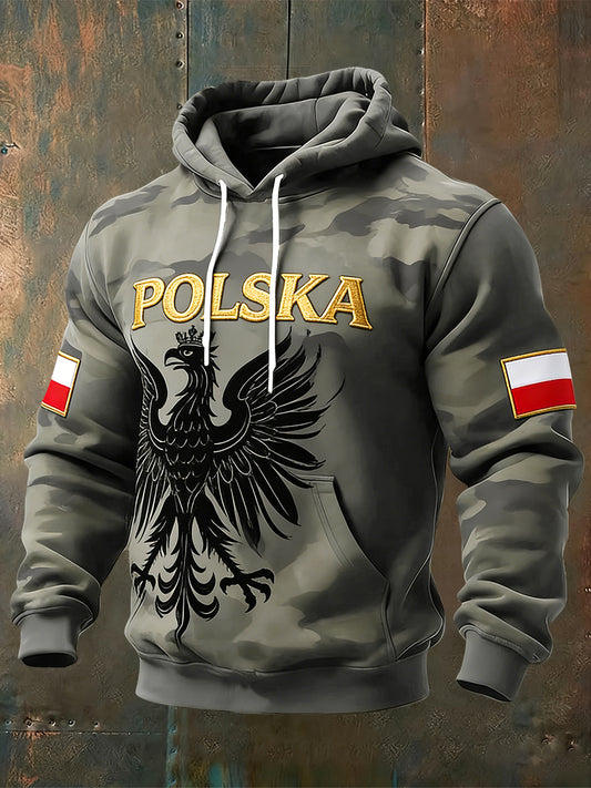 Retro Polski Orzeł Camo Patchwork Casual Bluza z kapturem