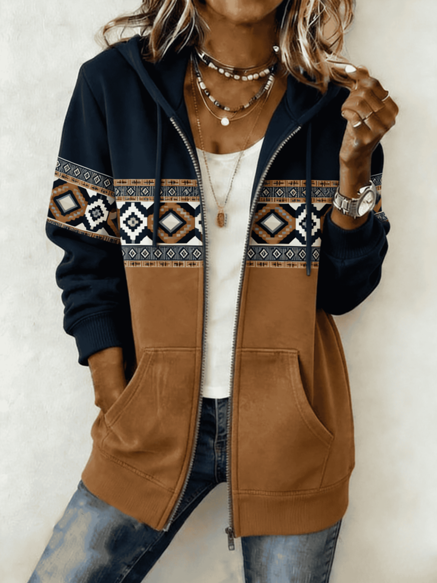 Damska zachodnia bluza z kapturem z nadrukiem Zip-Up