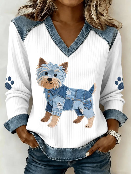 Damski uroczy Yorkshire Terrier z denimowym wzorem patchworku z dekoltem w szpic