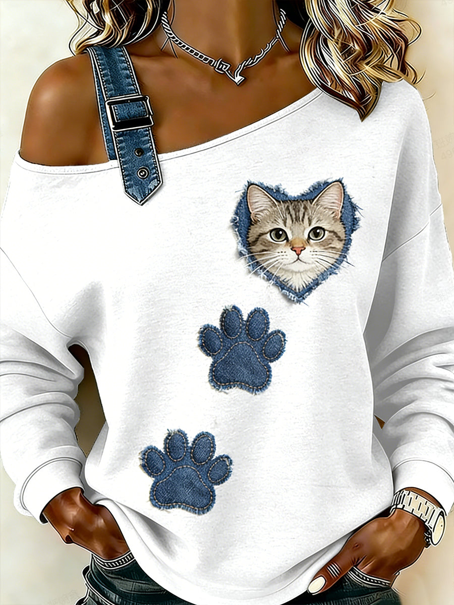 Damski uroczy nadruk zwierzęcy jeansowy patchwork wygodny top