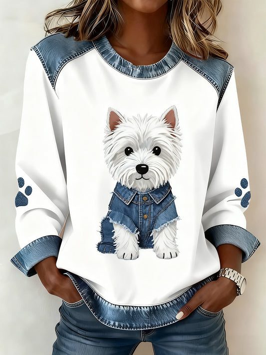 Damski Vintage Denim Patchwork Top z nadrukiem w stylu zwierzęcym, swobodny i wygodny
