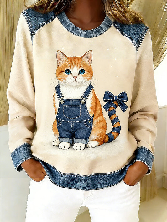 Damski Vintage Denim Patchwork Top z nadrukiem w stylu zwierzęcym, swobodny i wygodny
