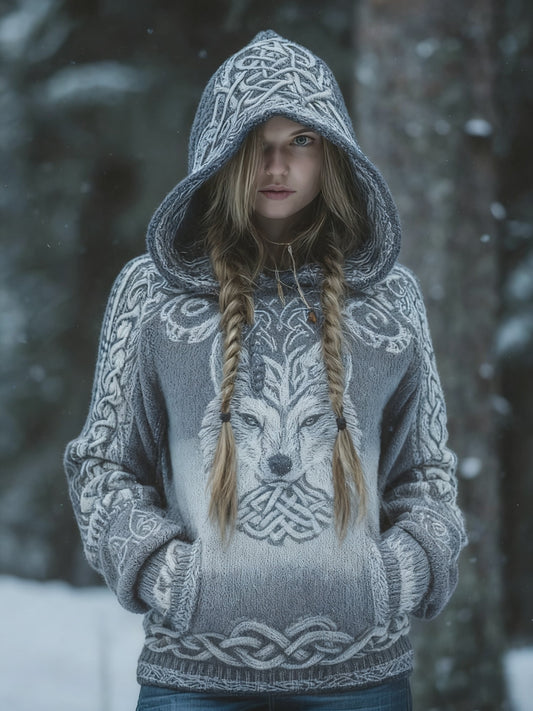 Retro Viking Wolf Celtic Knot Drzewo Życia Gradient Nadruk Bluza z kapturem