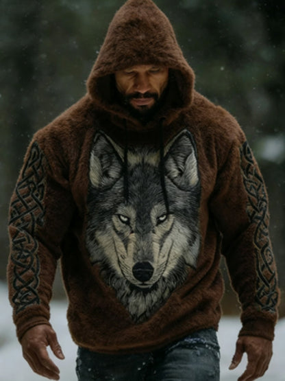 Męska Viking Vintage Wolf celtycka flanelowa ciepła bluza z kapturem