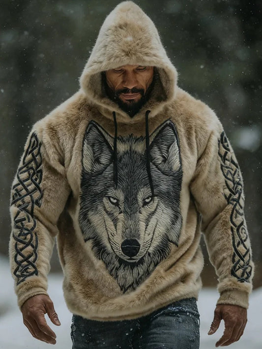 Męska Viking Vintage Wolf celtycka flanelowa ciepła bluza z kapturem