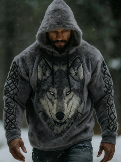 Męska Viking Vintage Wolf celtycka flanelowa ciepła bluza z kapturem