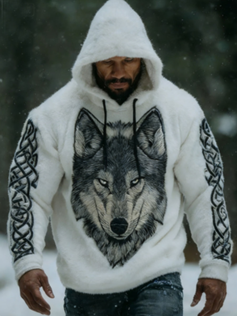 Męska Viking Vintage Wolf celtycka flanelowa ciepła bluza z kapturem