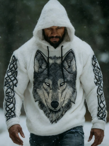 Męska Viking Vintage Wolf celtycka flanelowa ciepła bluza z kapturem