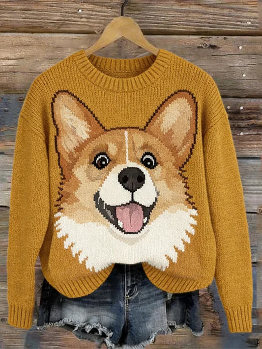 Piękny damski sweter z dzianiny dla psa Corgi