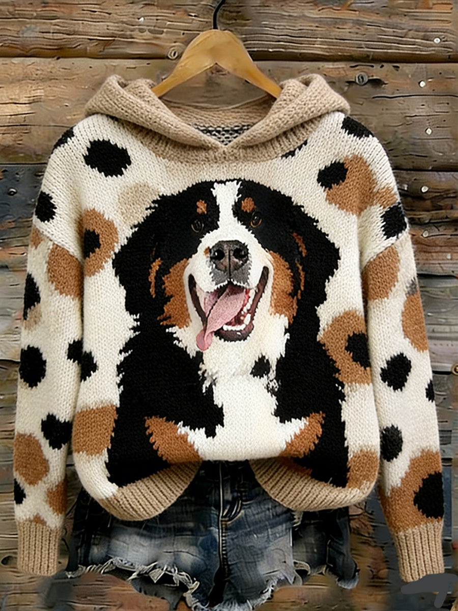 Damski sweter z kapturem retro słodki szczeniak wzór