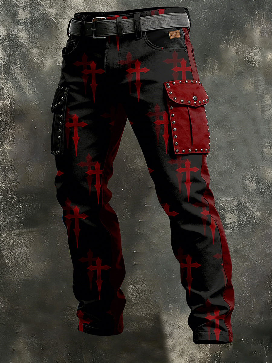 Męskie Retro Wakacje Biznesowe Punk Cross Art Nadruk Casualowe Spodnie Robocze