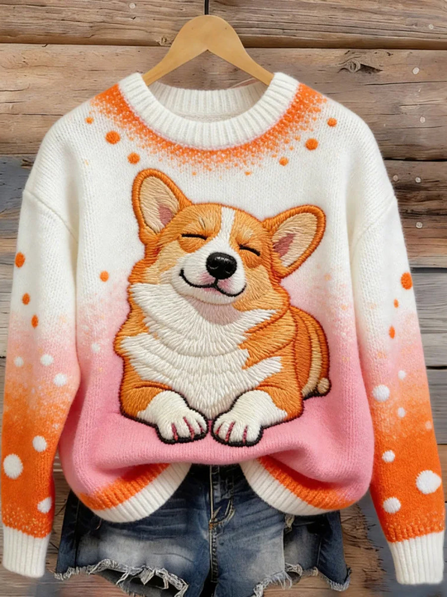 Damski sweter z nadrukiem zabawny szczeniak Corgi