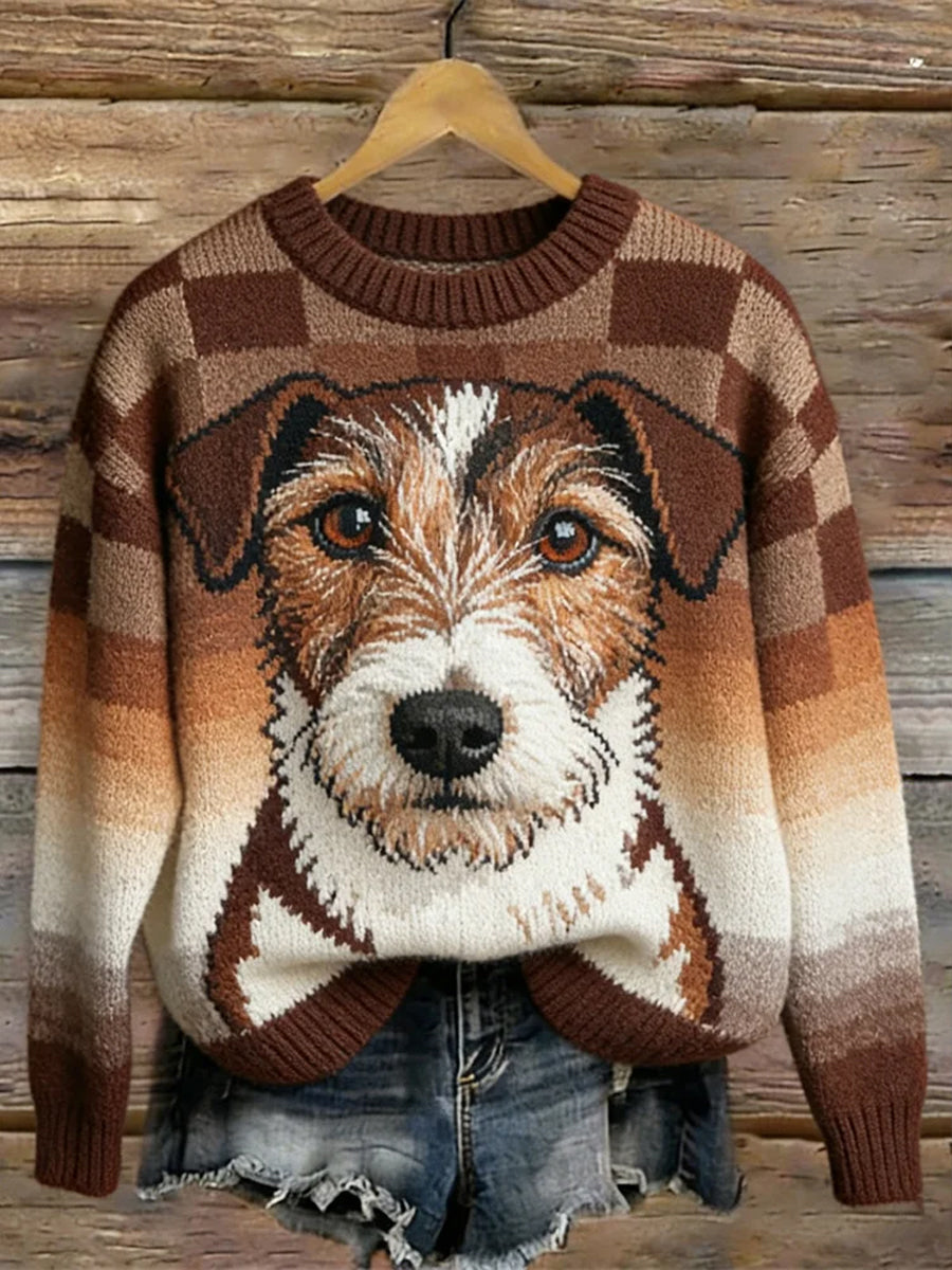 Damski Vintage Plaid Pet Dog Wzór Przytulny Sweter