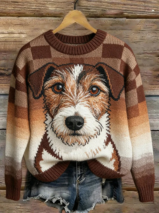 Damski Vintage Plaid Pet Dog Wzór Przytulny Sweter
