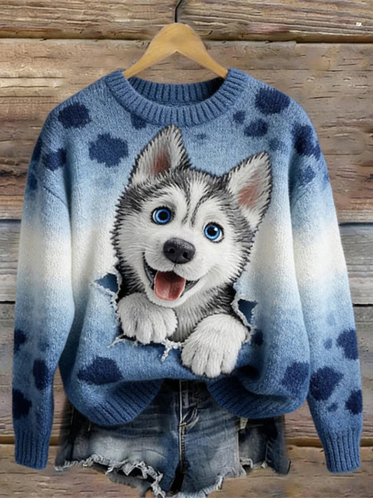 Damski gradient zabawny wzór psa husky Przytulny sweter damski