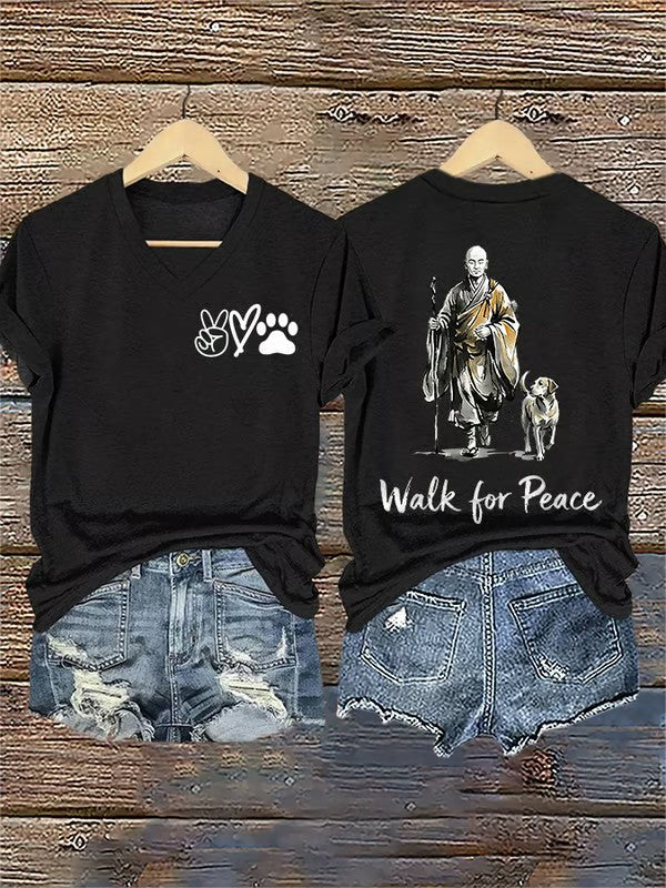 Damski Retro Walk For Peace Monks z Aloka Dog Nadruk T-Shirt z dekoltem w serek