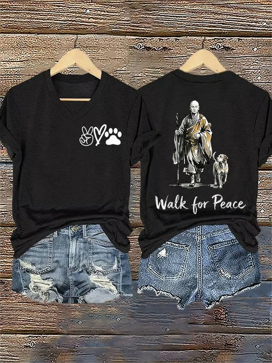 Damski Retro Walk For Peace Monks z Aloka Dog Nadruk T-Shirt z dekoltem w serek