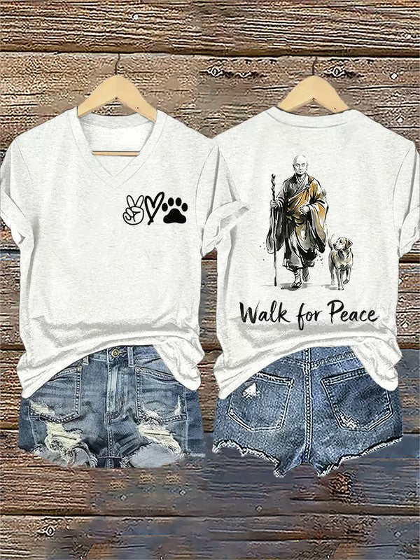 Damski Retro Walk For Peace Monks z Aloka Dog Nadruk T-Shirt z dekoltem w serek