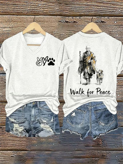 Damski Retro Walk For Peace Monks z Aloka Dog Nadruk T-Shirt z dekoltem w serek