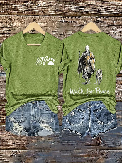 Damski Retro Walk For Peace Monks z Aloka Dog Nadruk T-Shirt z dekoltem w serek