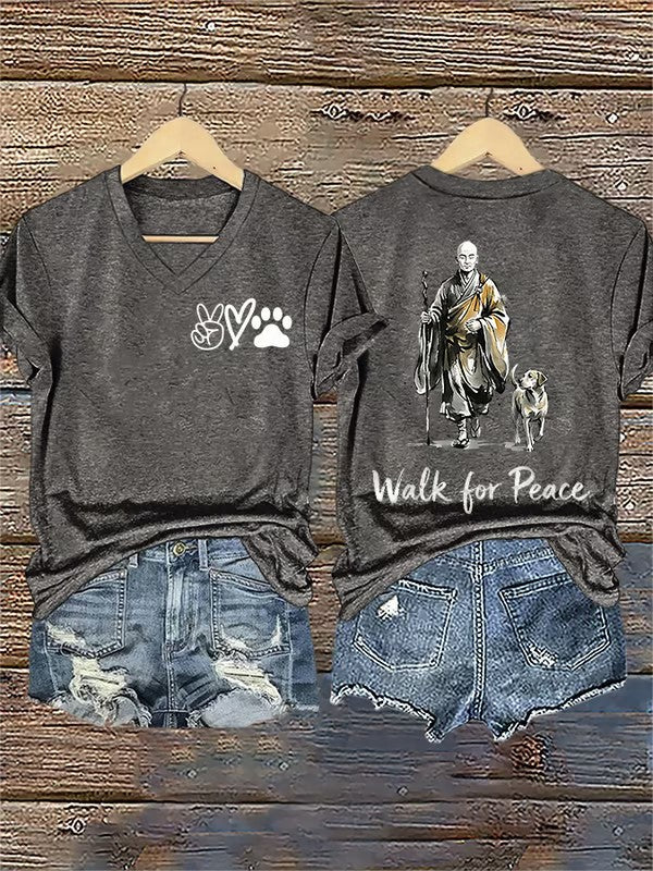 Damski Retro Walk For Peace Monks z Aloka Dog Nadruk T-Shirt z dekoltem w serek