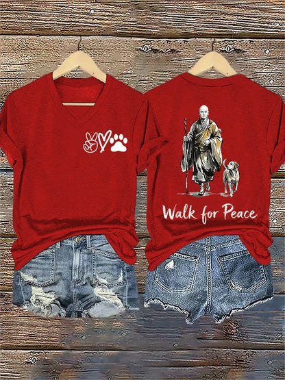 Damski Retro Walk For Peace Monks z Aloka Dog Nadruk T-Shirt z dekoltem w serek