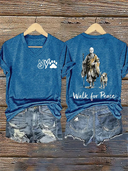 Damski Retro Walk For Peace Monks z Aloka Dog Nadruk T-Shirt z dekoltem w serek