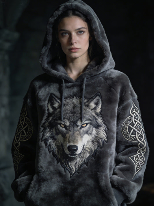Damska Flanelowa bluza z kapturem w stylu celtyckiego wilka