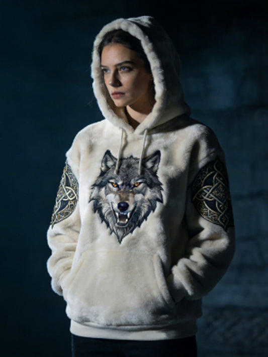 Damska Flanelowa bluza z kapturem w stylu celtyckiego wilka