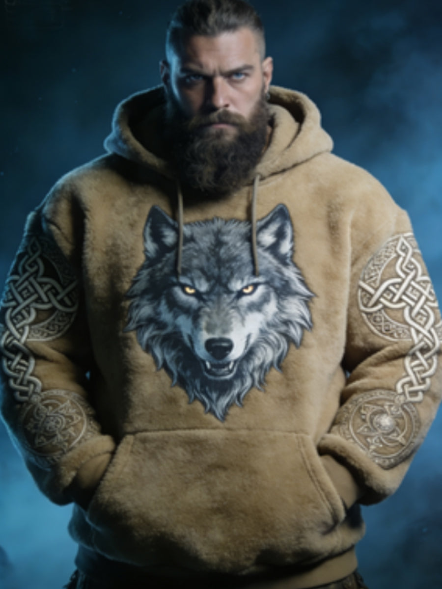 Męskie męskie Viking celtycki wilk wzór sztuka casualowa flanelowa bluza z kapturem