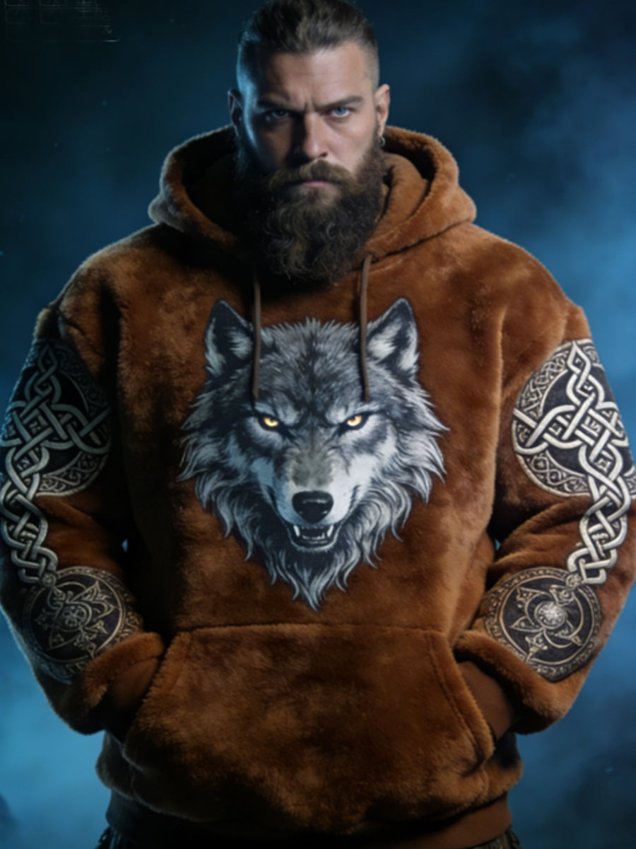 Męskie męskie Viking celtycki wilk wzór sztuka casualowa flanelowa bluza z kapturem