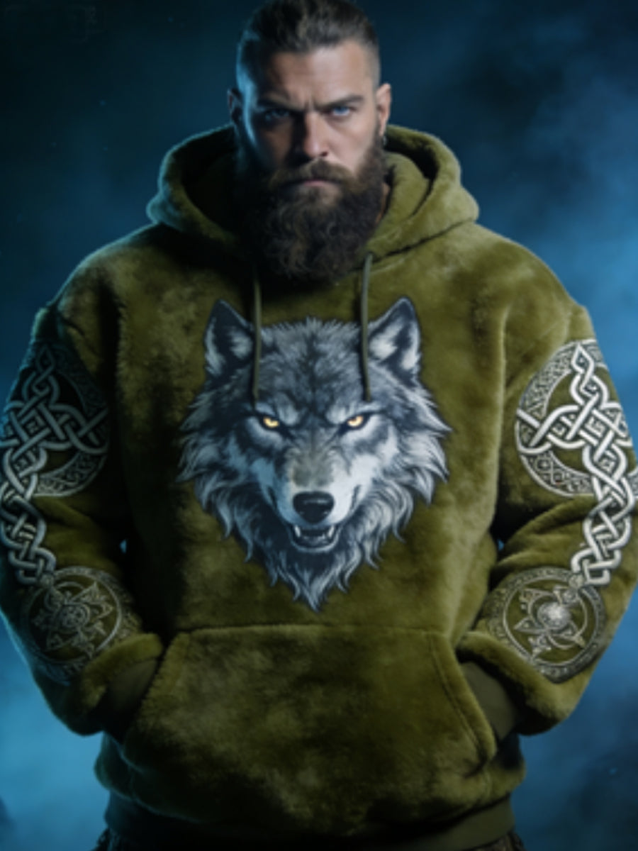 Męskie męskie Viking celtycki wilk wzór sztuka casualowa flanelowa bluza z kapturem