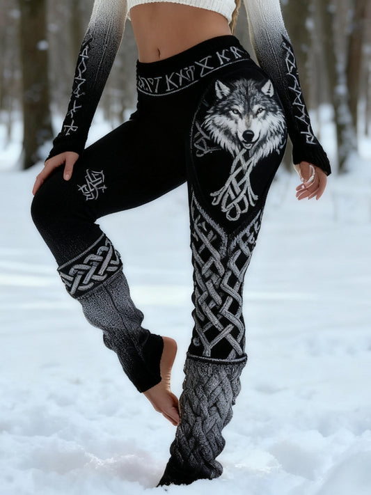 Damskie Retro Viking Wolf Celtic Knot Vigvir Rune Gradient Sportowe Legginsy Stretch